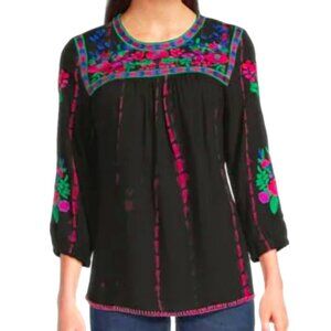 Calessa Embroidered Tie-Dye Patchwork Print Crew Neck 3/4 Sleeve Top - Small